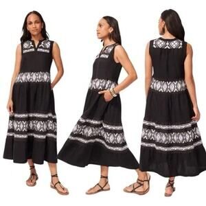 Chico's Tiered Embroidered Linen Maxi Dress Black/White Size .5 (6)